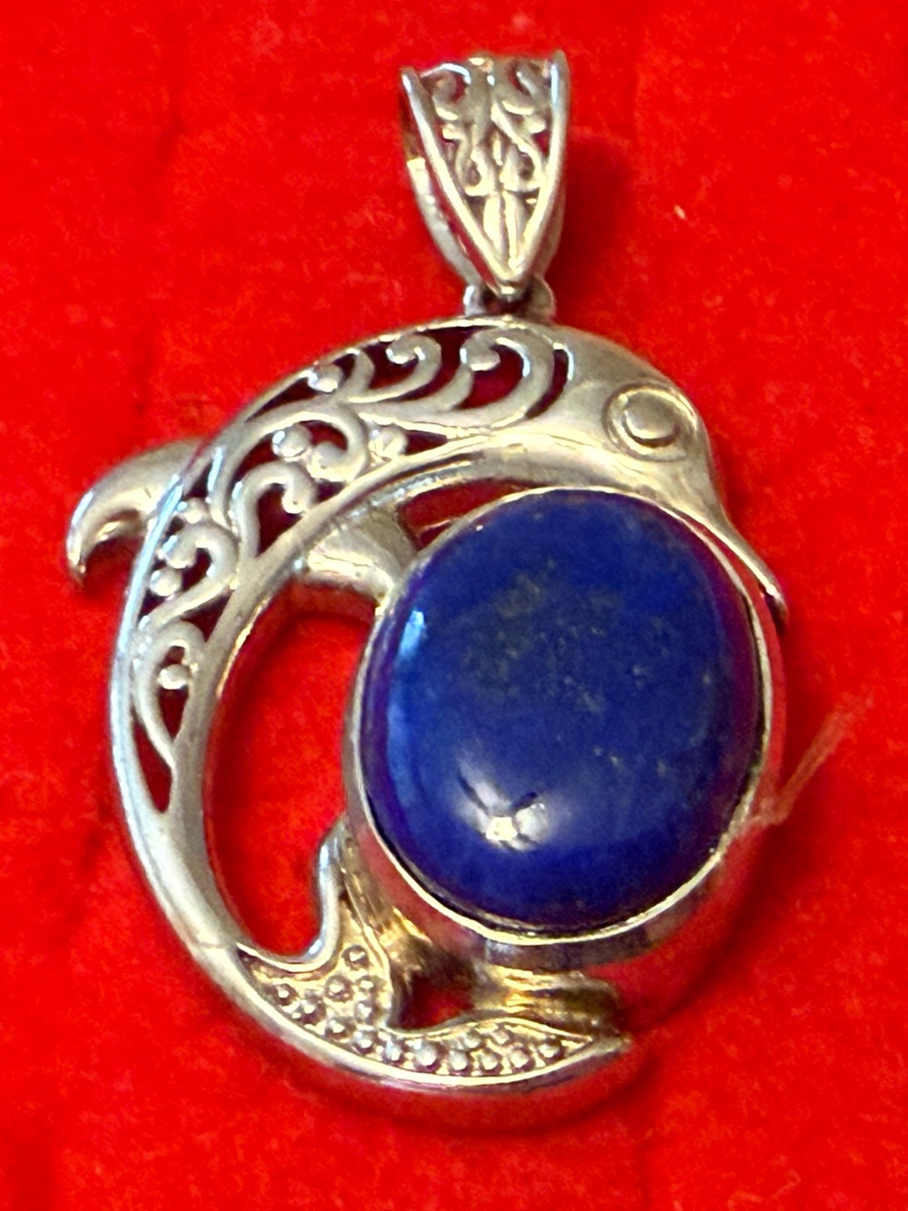Silvertone Dolphin Pendant with Lapis-Blue Oval Stone